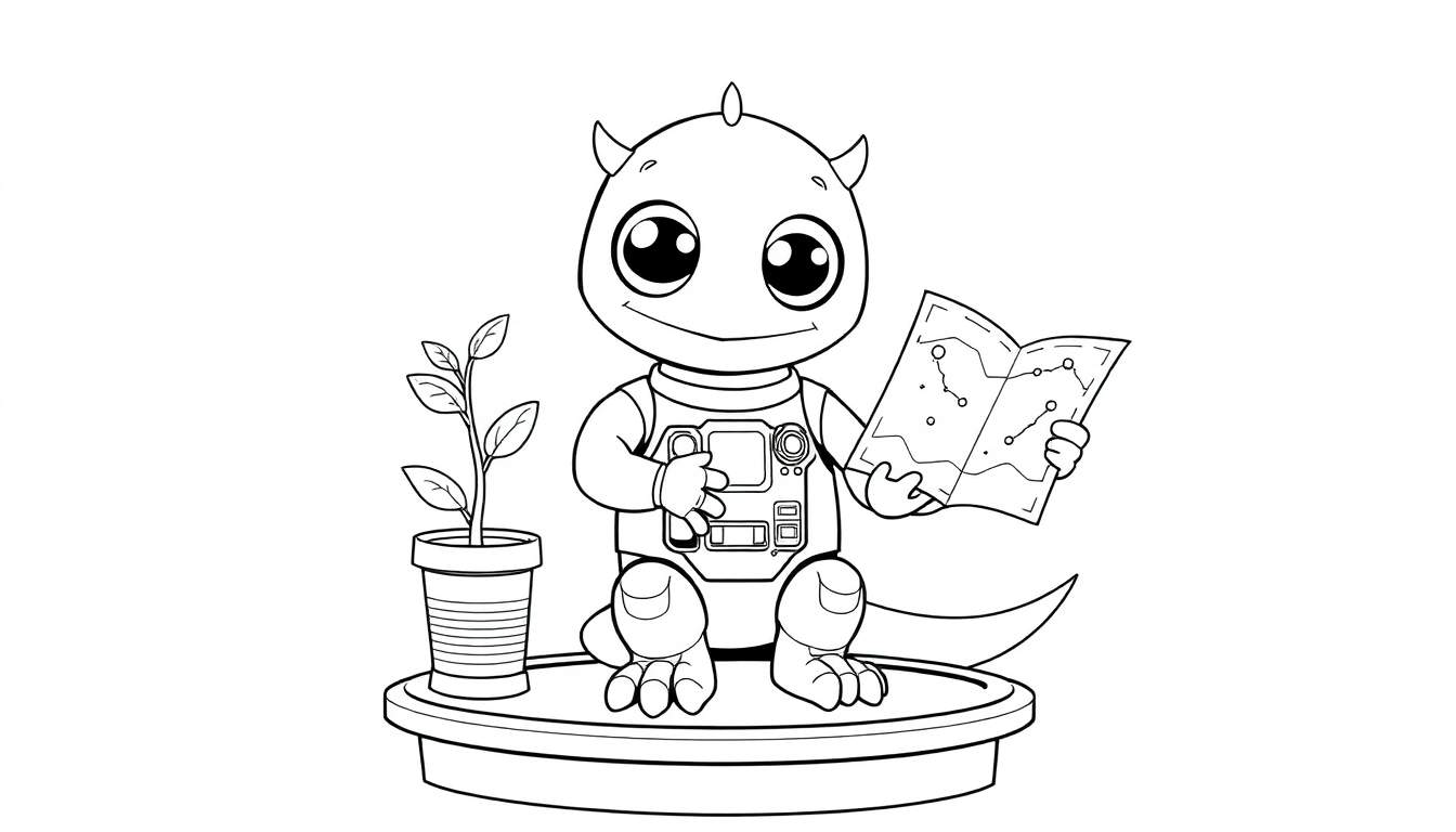 Extraterrestre amical tenant une carte et un appareil électronique, avec un pot de fleurs.