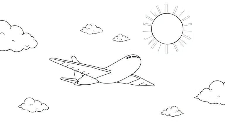 Un avion coloré dans le ciel bleu, avec des nuages blancs et un soleil rayonnant. Panneau coloré.