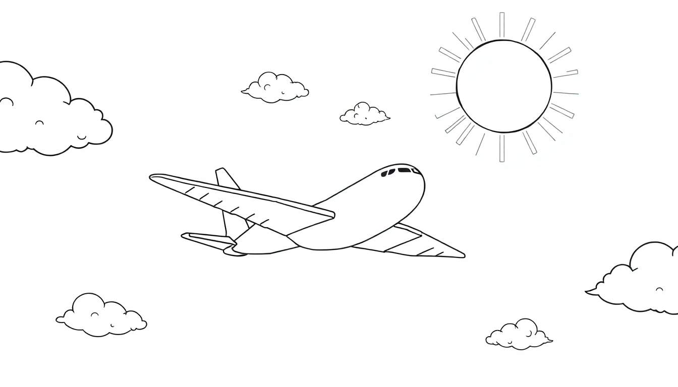 Un avion coloré dans le ciel bleu, avec des nuages blancs et un soleil rayonnant. Panneau coloré.
