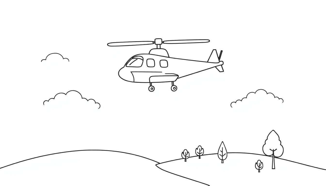 Un dessin au trait simple d'un hélicoptère dans un paysage avec des collines et des nuages.