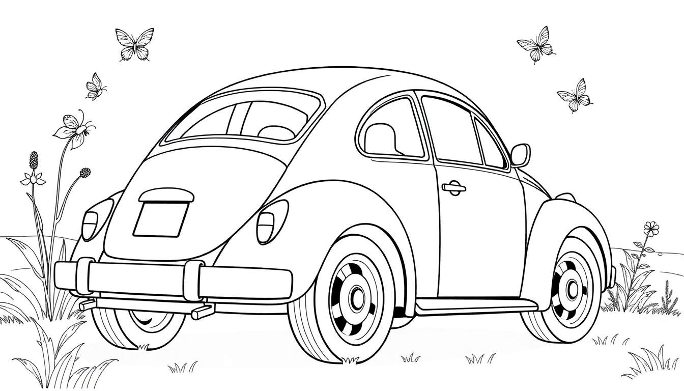 Dessin au trait d'une Volkswagen Coccinelle classique, prête à être coloriée, garée dans un champ fleuri avec des papillons.