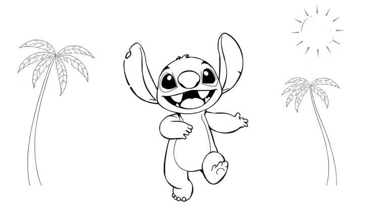 Stitch souriant sous les palmiers, prêt à être coloré avec le color panel.