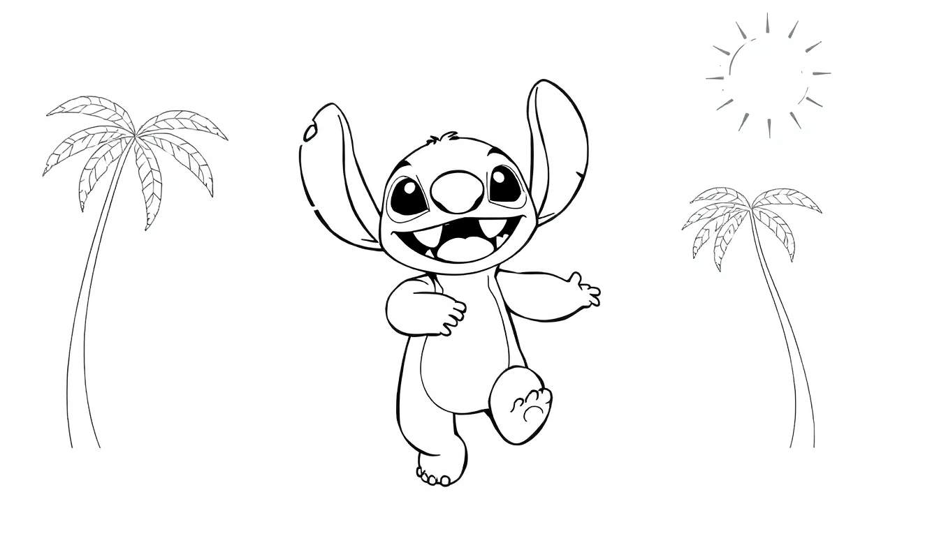 Stitch souriant sous les palmiers, prêt à être coloré avec le color panel.