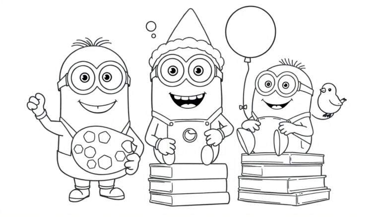 Trois Minions joyeux, l'un tient une palette d'artiste, les deux autres sont assis sur des livres, l'un avec un chapeau pointu et l'autre avec un oiseau sur l'épaule.