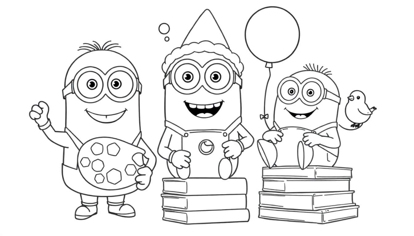 Trois Minions joyeux, l'un tient une palette d'artiste, les deux autres sont assis sur des livres, l'un avec un chapeau pointu et l'autre avec un oiseau sur l'épaule.