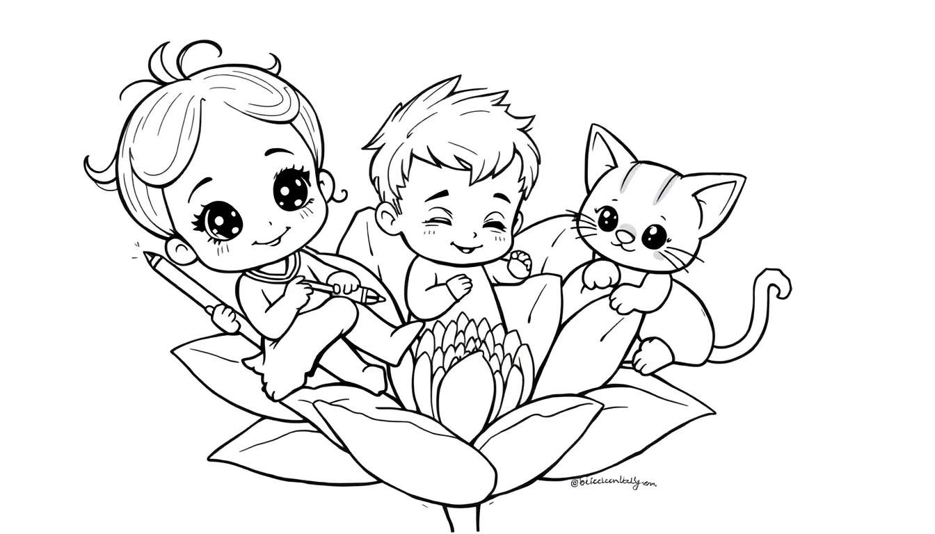 Dessin au trait d'un bouton de fleur avec deux bébés et un chaton, un joyeux color panel pour enfants.