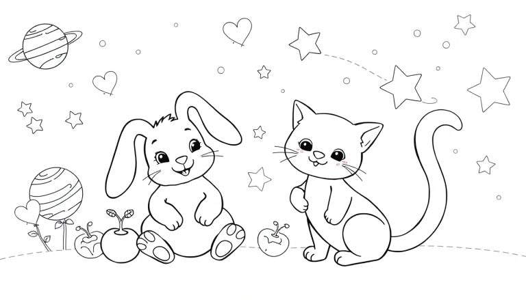 Un chat et un lapin joyeux dans un jardin étoilé, idéal pour un panneau de coloriage.
