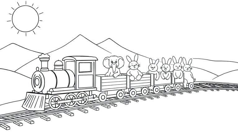 Dessin au trait d'un train de jouets transportant un éléphant et des lapins, traversant un paysage de collines sous un soleil, style livre de coloriage avec un color panel.