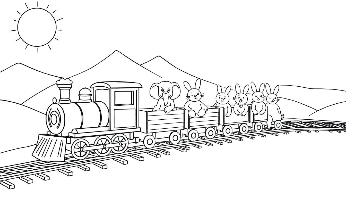 Dessin au trait d'un train de jouets transportant un éléphant et des lapins, traversant un paysage de collines sous un soleil, style livre de coloriage avec un color panel.