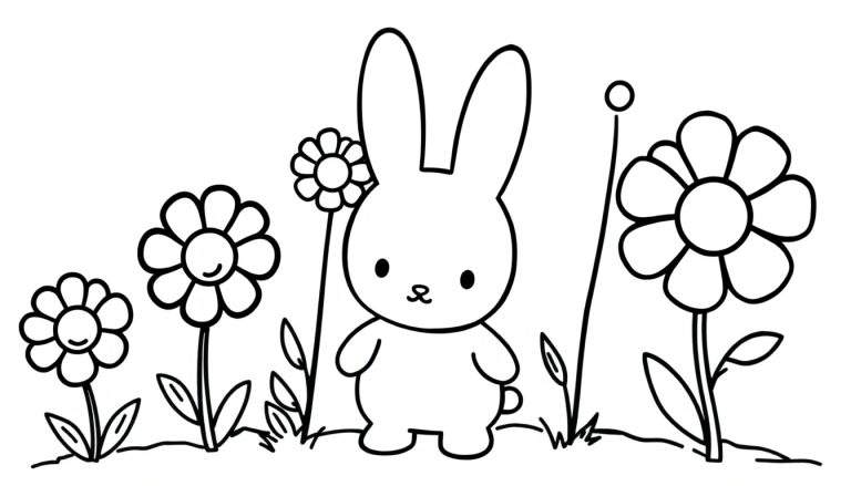 Un lapin Miffy joyeux dans un champ de fleurs colorées, prêt pour une aventure sur un color panel.