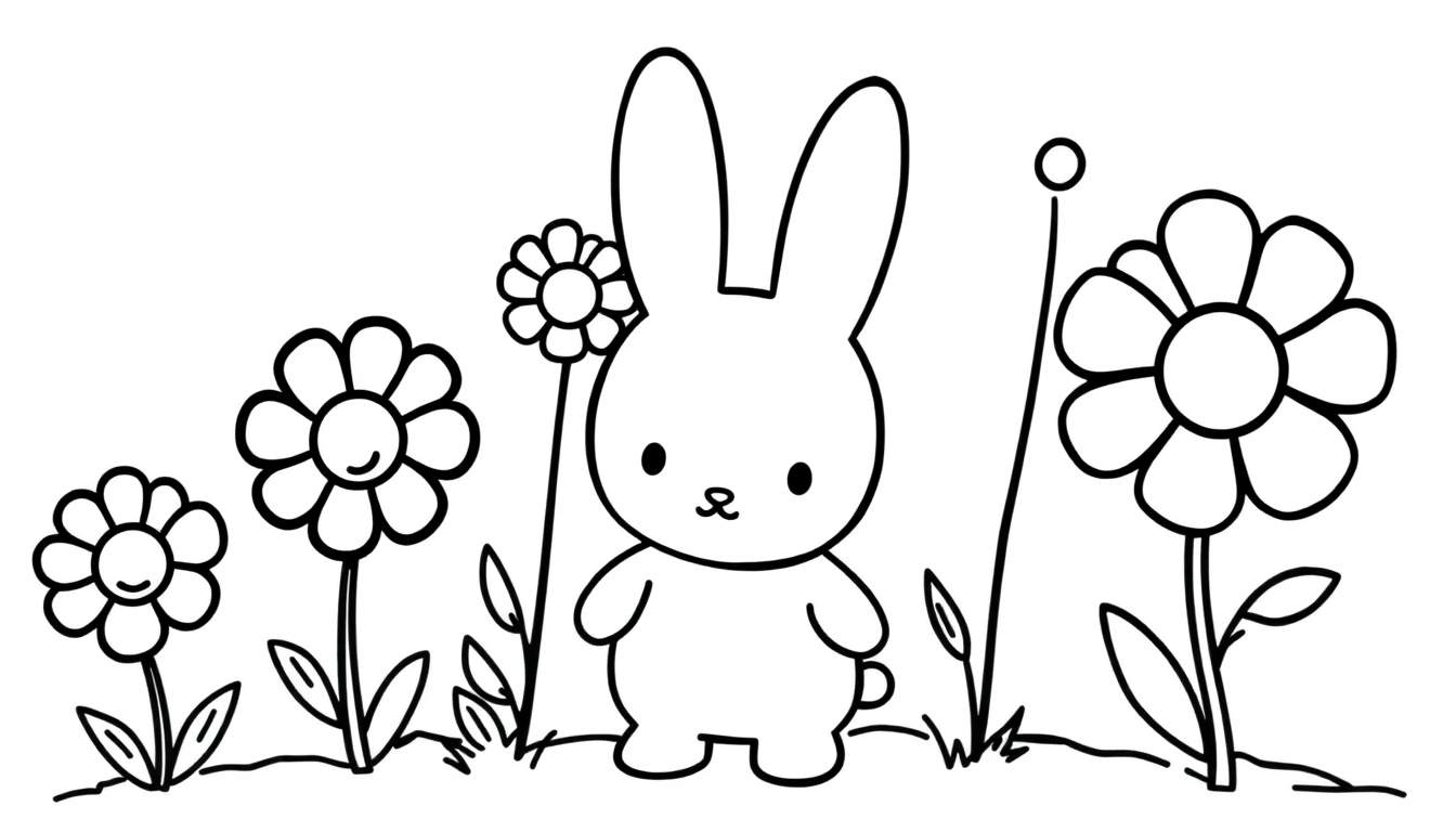 Un lapin Miffy joyeux dans un champ de fleurs colorées, prêt pour une aventure sur un color panel.