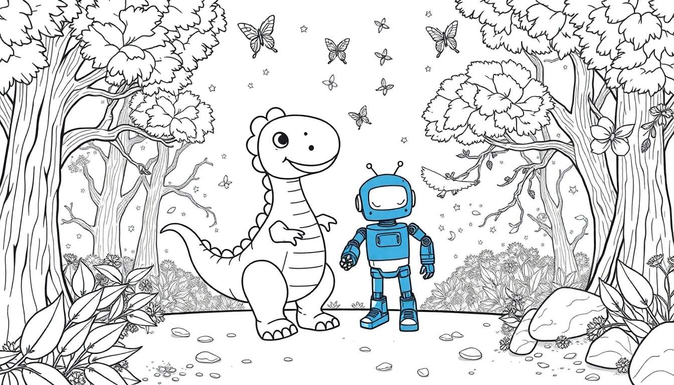 Un dinosaure de dessin animé et un robot souriants dans une forêt enchantée.