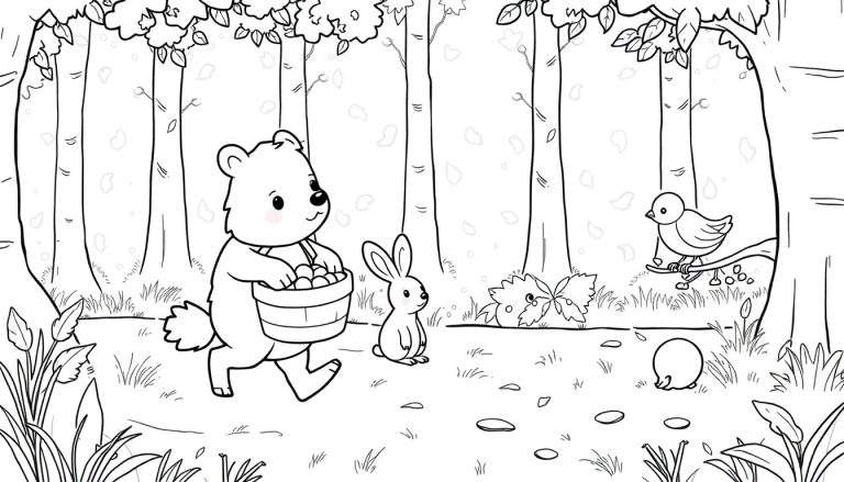 Un ours brun dessin animé tenant un panier plein d'œufs dans une forêt, avec un lapin et un oiseau, un dessin au trait noir et blanc pour un color panel.