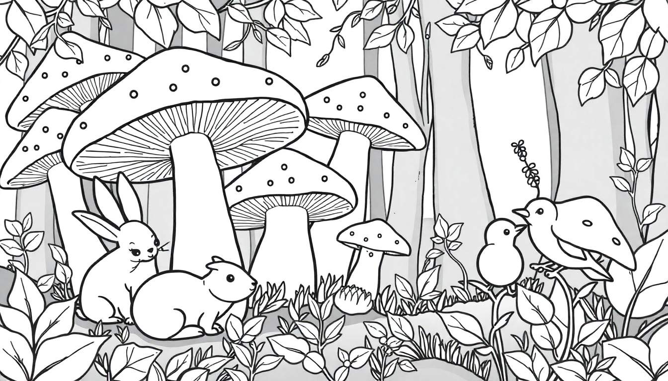 Une illustration en noir et blanc de page de coloriage d'une forêt avec des champignons, un lapin, un rongeur et des oiseaux, offrant une activité de coloriage sur un color panel.