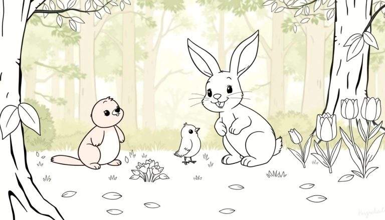 Un dessin au trait en noir et blanc d'un lapin, d'un oiseau et d'un écureuil dans une forêt.