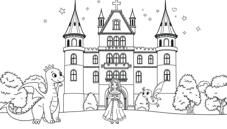 Dessin au trait d'une princesse avec un dragon et une fée devant un château, parfait pour un color panel.