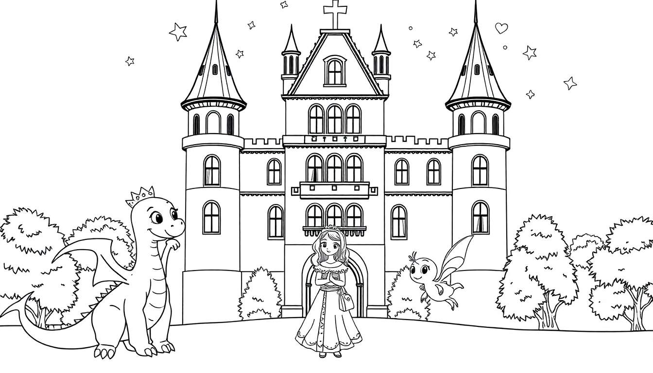 Dessin au trait d'une princesse avec un dragon et une fée devant un château, parfait pour un color panel.