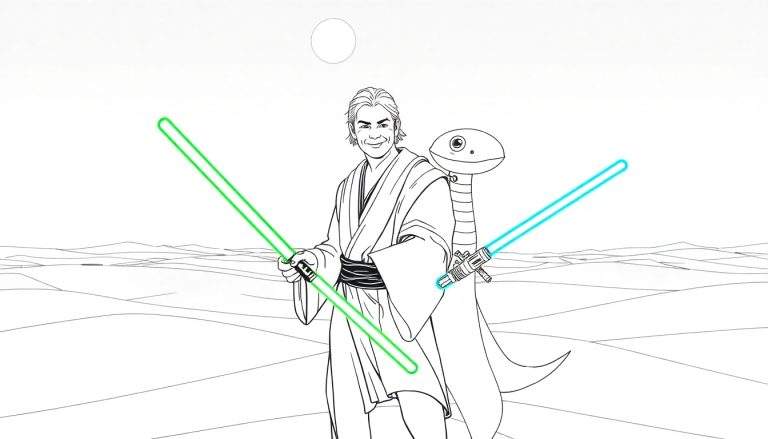 Jedi et droïde amigos pratiquant le sabre laser dans un champ de coloriage.