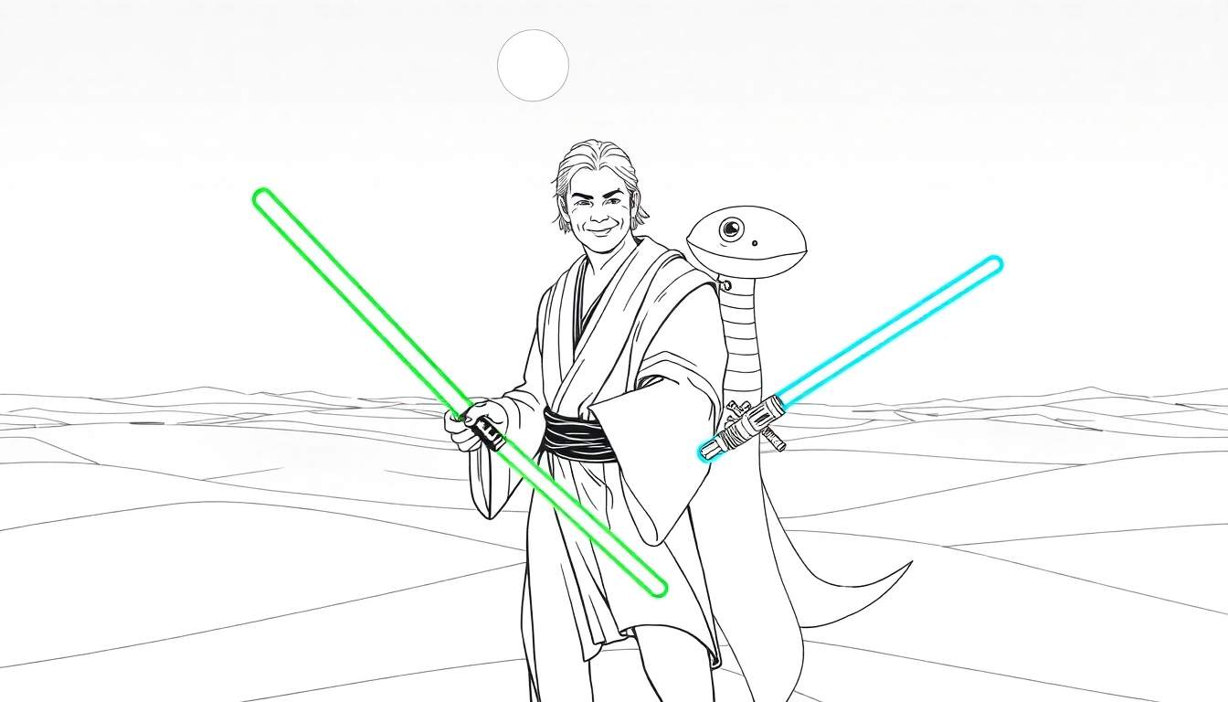 Jedi et droïde amigos pratiquant le sabre laser dans un champ de coloriage.