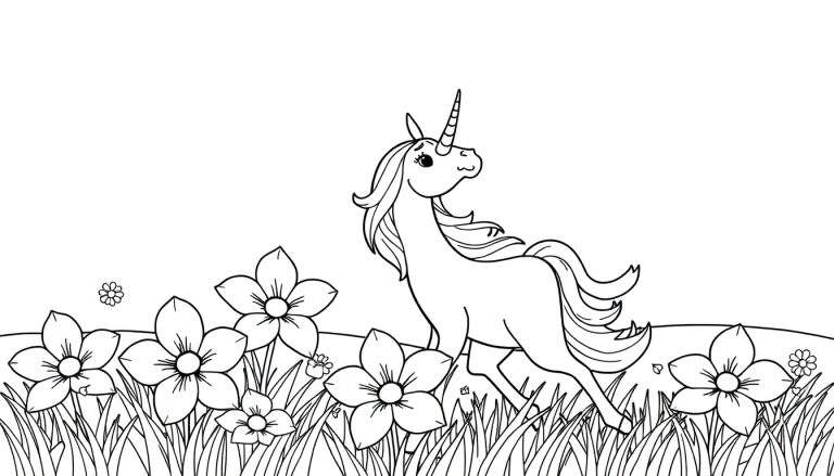 Licorne dans un champ de fleurs, prêt pour un color panel.