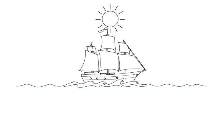 Dessin au trait d'un voilier à trois mâts naviguant sur des vagues bleues sous un soleil radieux, avec un color panel subtil dans les tons bleus et jaunes.