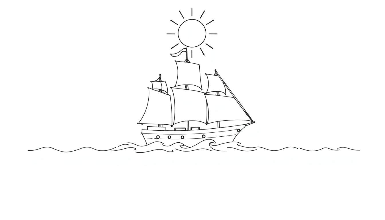 Dessin au trait d'un voilier à trois mâts naviguant sur des vagues bleues sous un soleil radieux, avec un color panel subtil dans les tons bleus et jaunes.