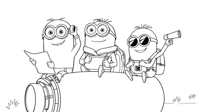 Dessin au trait de trois Minions souriants sur le dessus d'une fusée, l'un tenant une carte, l'autre un livre, et le troisième un télescope. Un color panel coloré les entoure.