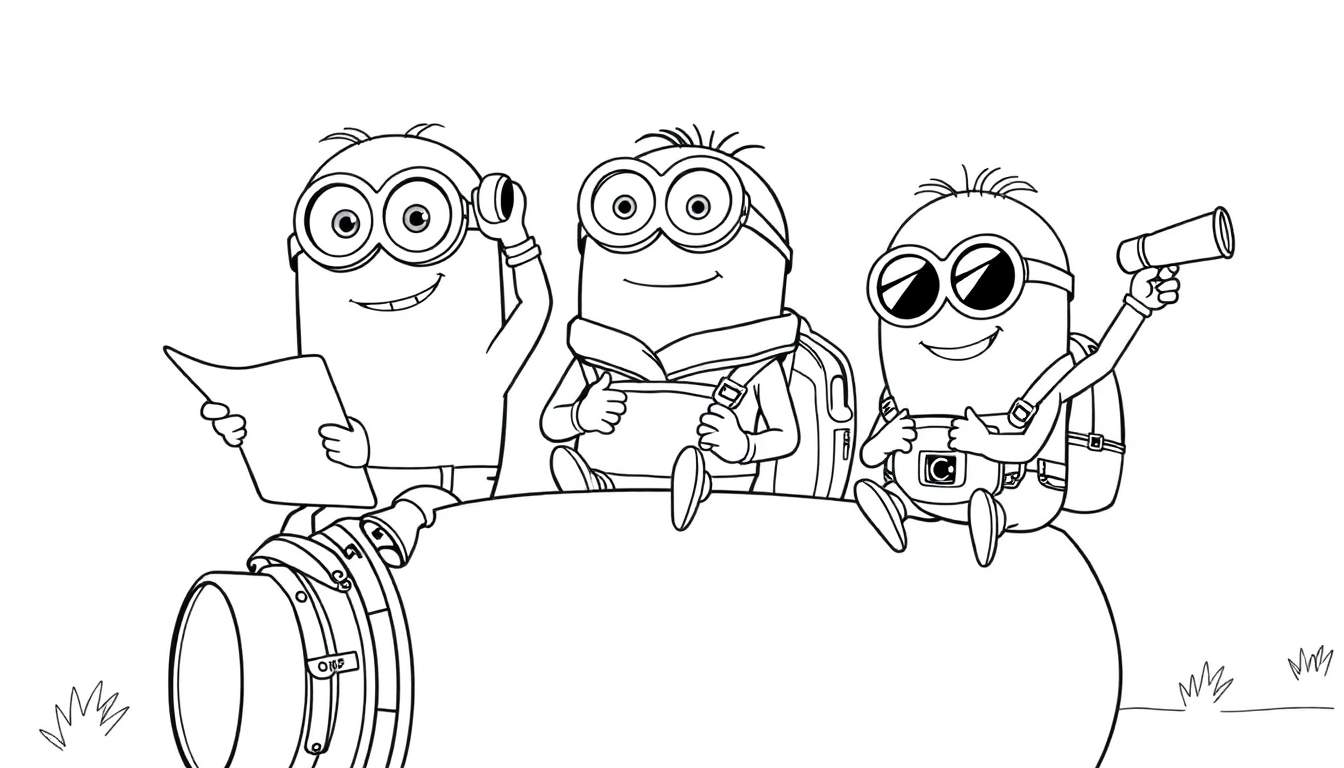 Dessin au trait de trois Minions souriants sur le dessus d'une fusée, l'un tenant une carte, l'autre un livre, et le troisième un télescope. Un color panel coloré les entoure.