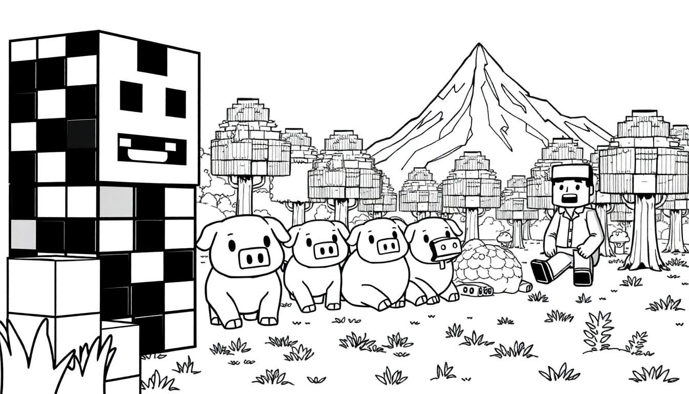 Un dessin au trait noir et blanc dans le style d'une page de coloriage de Minecraft, montrant une créature humanoïde, des cochons, une créature semblable à une tortue, des arbres et une montagne.