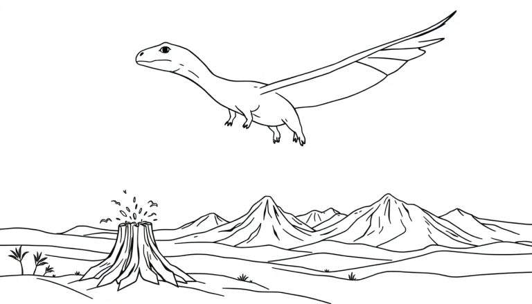 Dessin au trait d'un paysage préhistorique avec un reptile volant, un volcan en éruption et des montagnes.