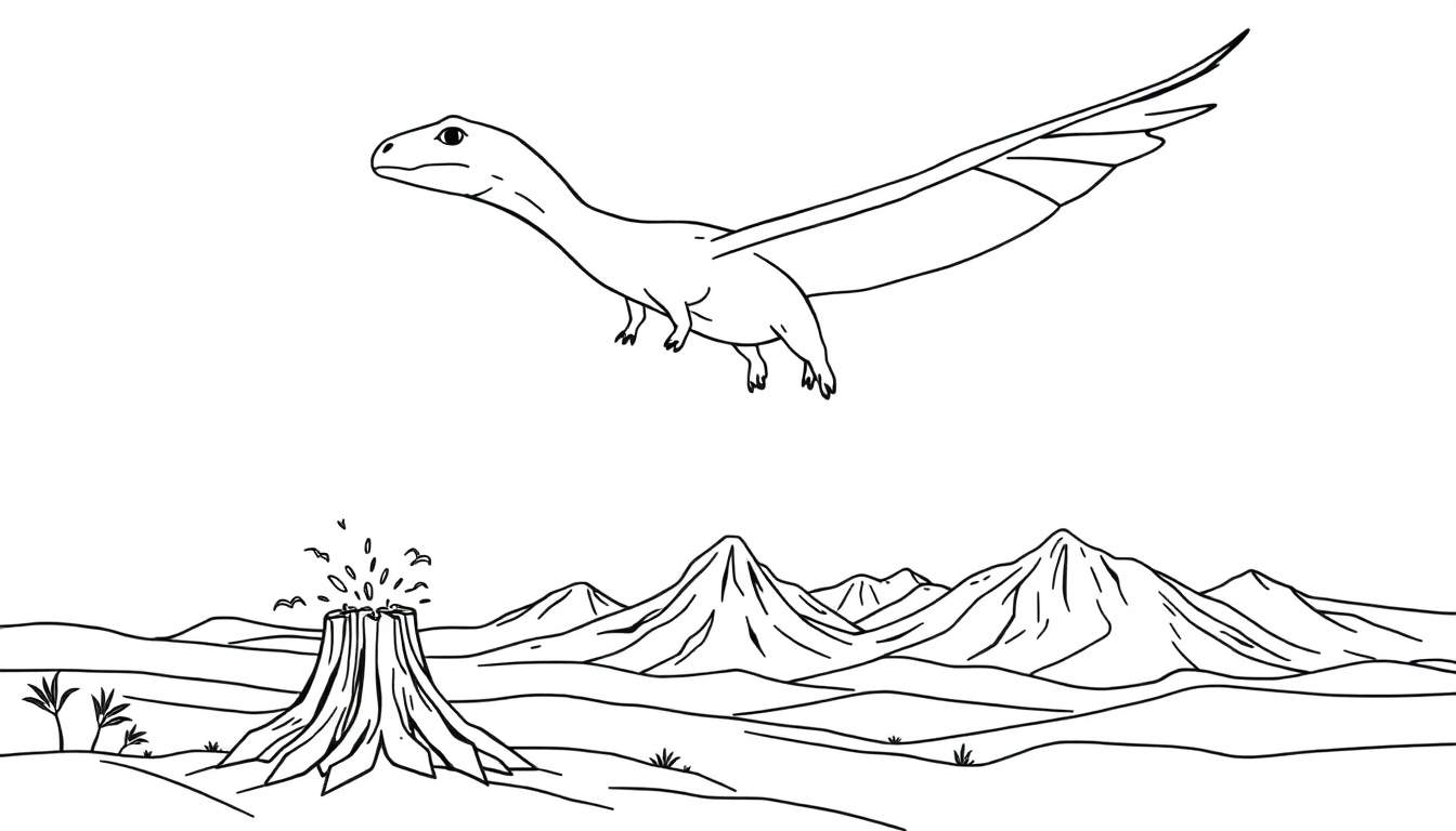 Dessin au trait d'un paysage préhistorique avec un reptile volant, un volcan en éruption et des montagnes.