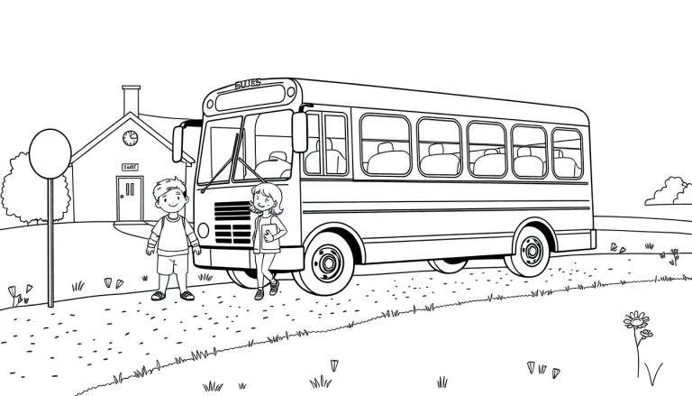 Un bus scolaire jaune dessiné à la main devant une école avec deux enfants près de lui, avec un color panel pour l'imagination.