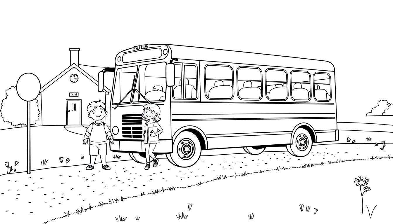 Un bus scolaire jaune dessiné à la main devant une école avec deux enfants près de lui, avec un color panel pour l'imagination.