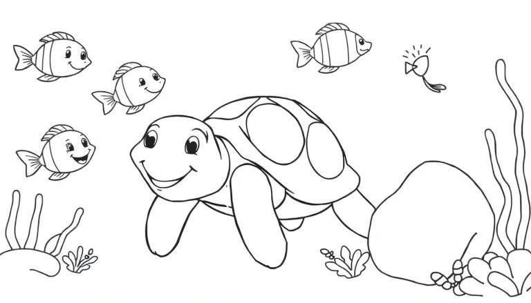 Dessin au trait d'une tortue souriante dans un monde sous-marin coloré, entourée de poissons joyeux et de végétation marine.