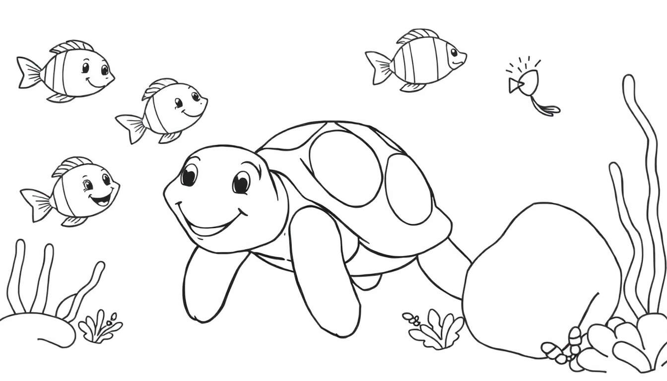 Dessin au trait d'une tortue souriante dans un monde sous-marin coloré, entourée de poissons joyeux et de végétation marine.