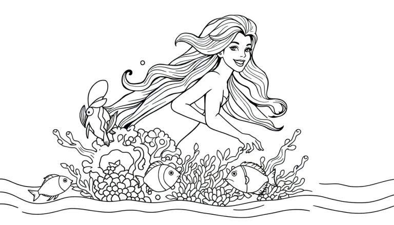 Dessin au trait d'une sirène souriante nageant parmi des poissons et du corail, parfait pour un color panel.