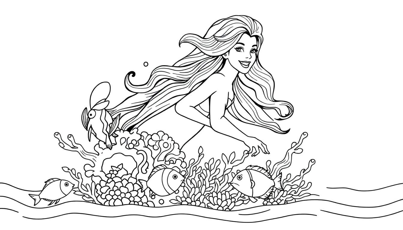 Dessin au trait d'une sirène souriante nageant parmi des poissons et du corail, parfait pour un color panel.