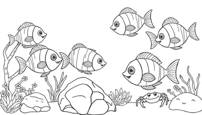 Dessin au trait de poissons souriants nageant avec un crabe dans un décor sous-marin, idéal pour un color panel.