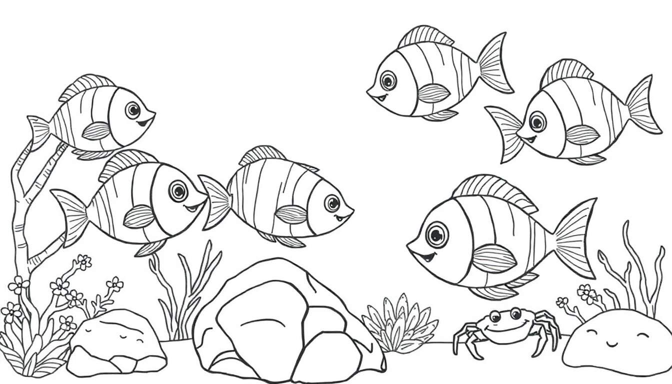 Dessin au trait de poissons souriants nageant avec un crabe dans un décor sous-marin, idéal pour un color panel.