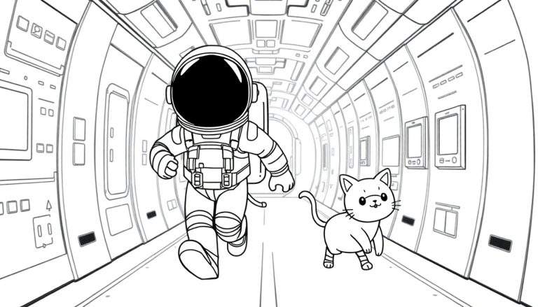 Illustration en noir et blanc d'un astronaute de style Among Us courant avec un chat dans un couloir de vaisseau spatial, sur un color panel.