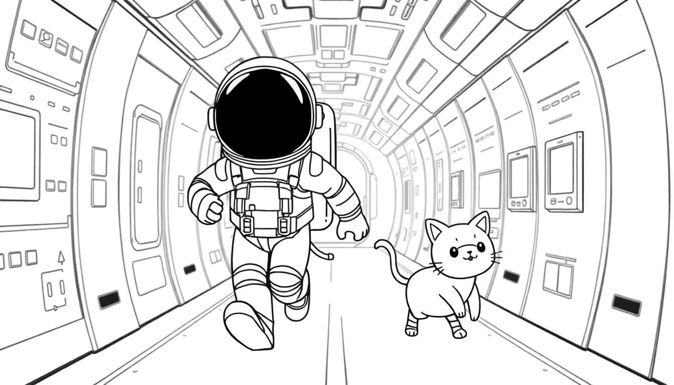 Illustration en noir et blanc d'un astronaute de style Among Us courant avec un chat dans un couloir de vaisseau spatial, sur un color panel.
