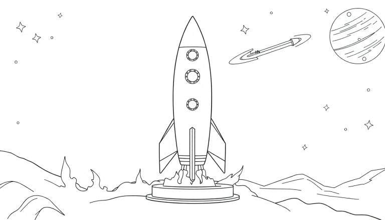 Dessin au trait d'une fusée sur la lune, avec une planète et des étoiles dans le ciel, prêt pour le color panel.
