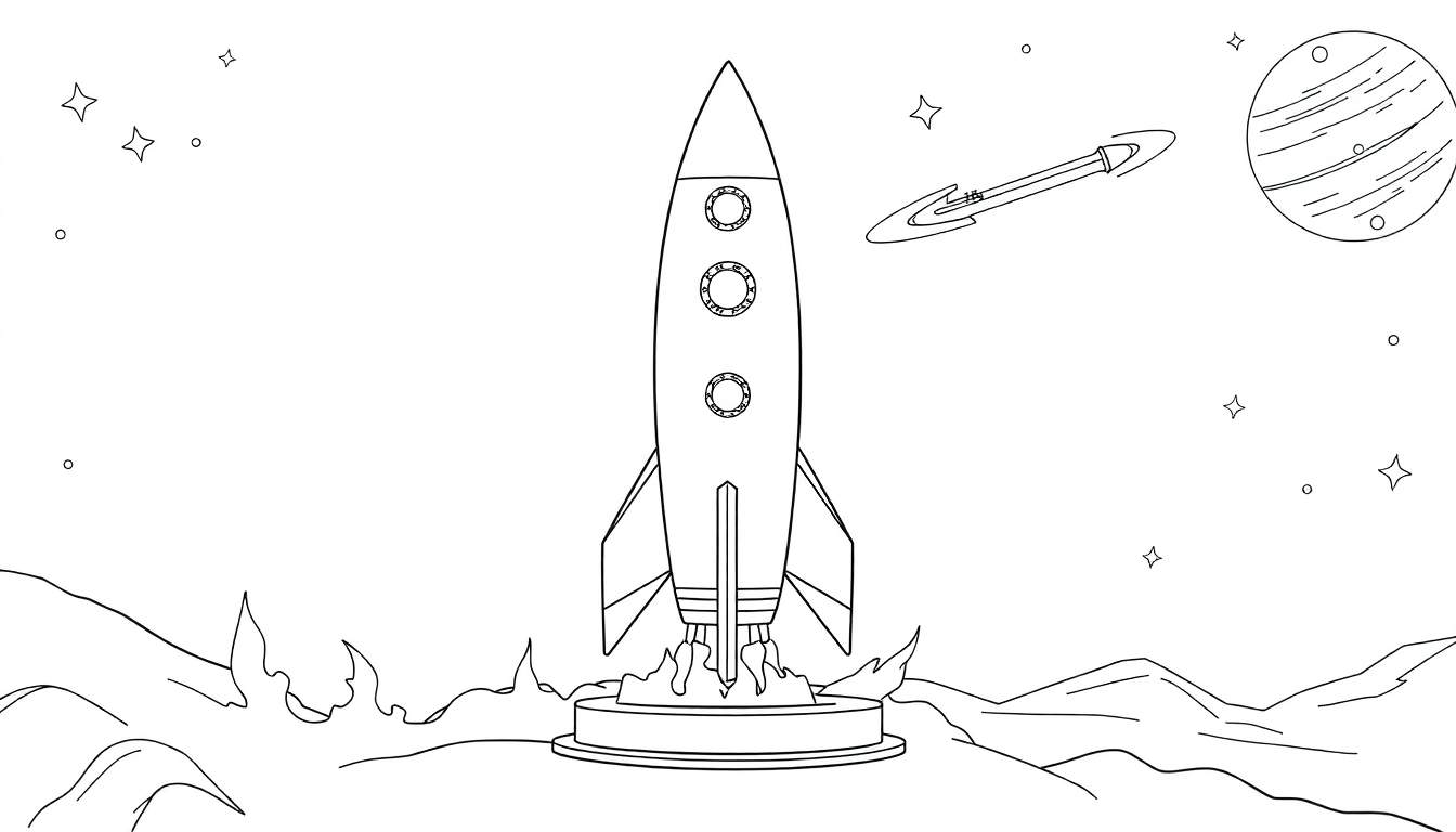 Dessin au trait d'une fusée sur la lune, avec une planète et des étoiles dans le ciel, prêt pour le color panel.