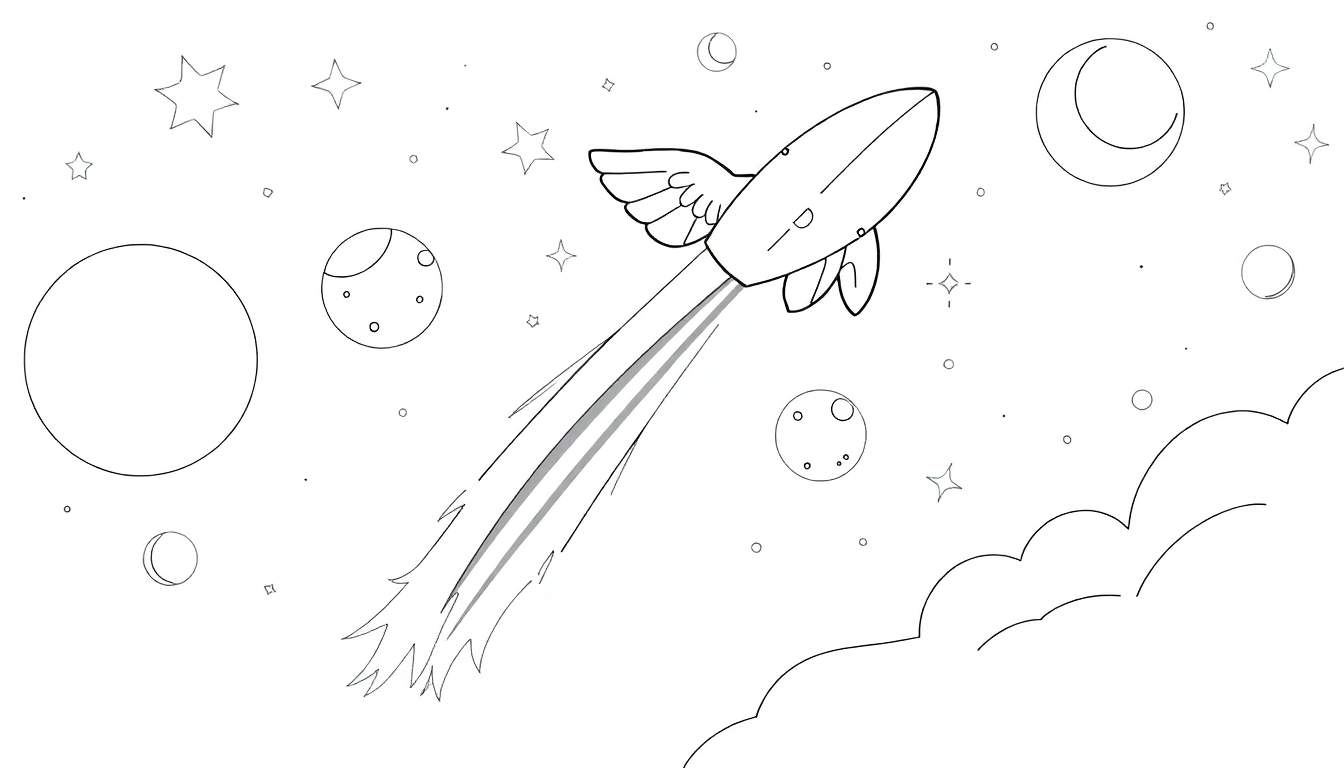 Fusée spatiale magique dessinée au trait dans l'espace avec des étoiles, des planètes et des nuages. Elle laisse une traînée de fumée.