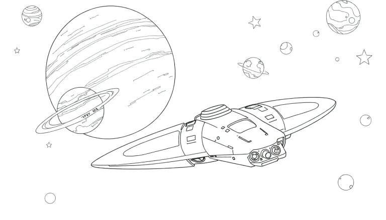 Dessin au trait noir et blanc d'un vaisseau spatial futuriste naviguant dans l'espace parmi des planètes et des étoiles, avec un color panel pour inspirer les couleurs.