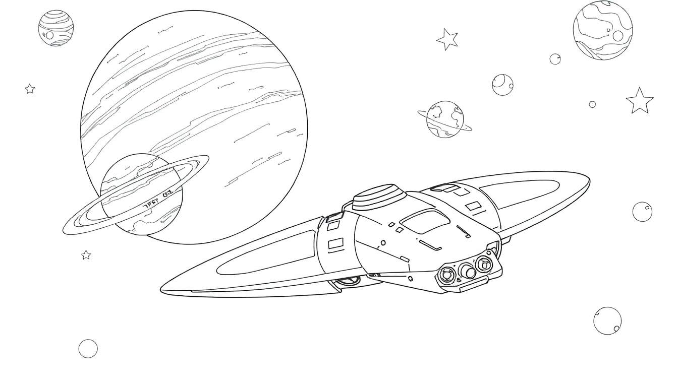 Dessin au trait noir et blanc d'un vaisseau spatial futuriste naviguant dans l'espace parmi des planètes et des étoiles, avec un color panel pour inspirer les couleurs.