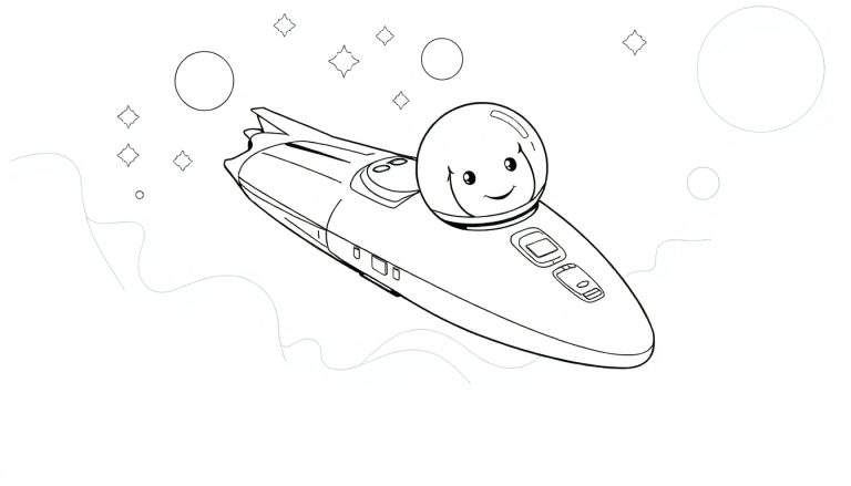 Un vaisseau spatial de dessin animé avec un astronaute souriant, prêt pour une aventure colorée.