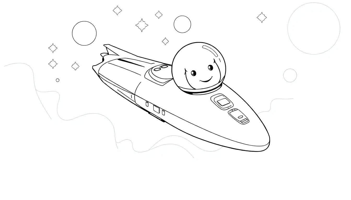 Un vaisseau spatial de dessin animé avec un astronaute souriant, prêt pour une aventure colorée.