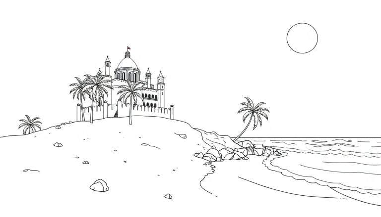 Dessin au trait d'un paysage tropical avec un château sur une colline, des palmiers, une plage et des vagues.