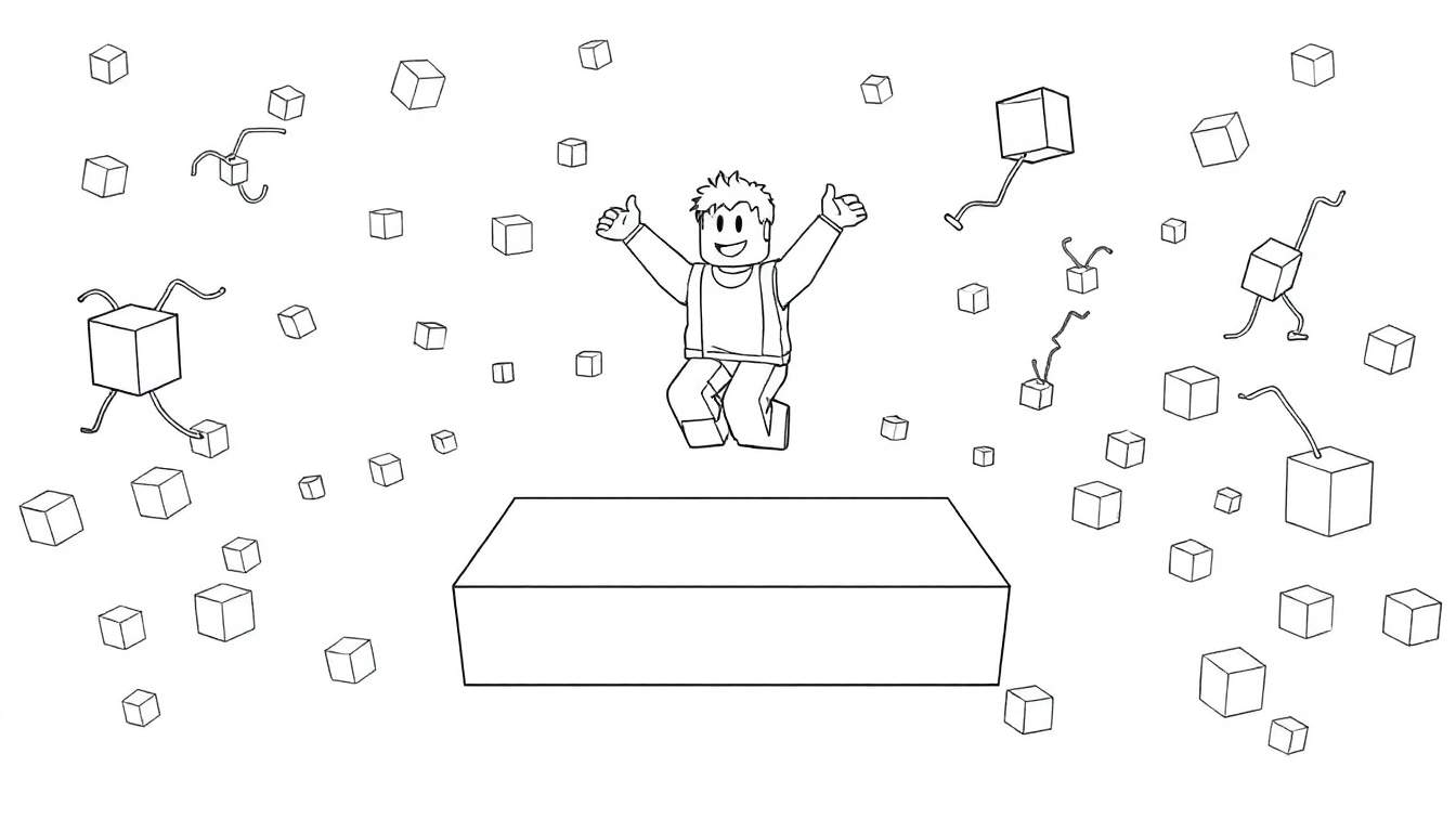 Dessin noir et blanc d'un avatar Roblox sautant joyeusement avec des blocs flottants, un color panel